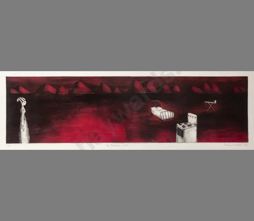 Rachael Garland 2003 - framed hand coloured etching 7/20 "The promised land - H-170 W-620 Image 1++