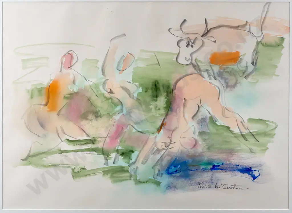 Piera McArthur -- framed chalk & wash on paper, figures & cow in landscape, H-560 W-760 Image 1++