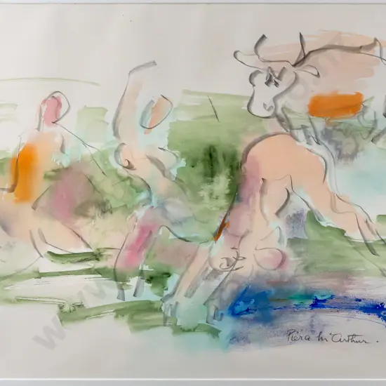 Piera McArthur -- framed chalk & wash on paper, figures & cow in landscape, H-560 W-760