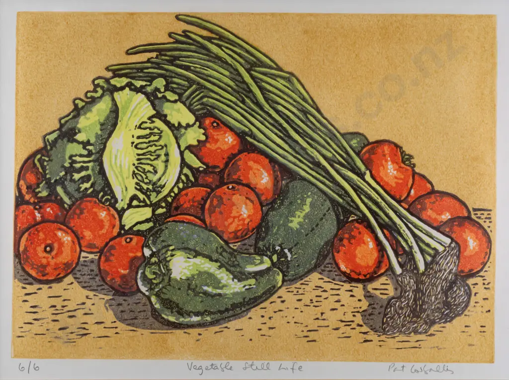 Pat Corballis -- framed linocut on paper "Vegetable Still Life" ed. 6/6 H-320 W-435 Image 1++