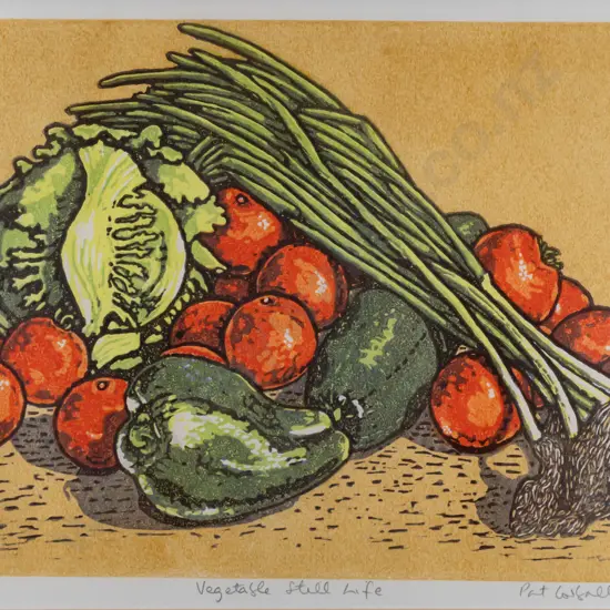 Pat Corballis -- framed linocut on paper "Vegetable Still Life" ed. 6/6 H-320 W-435