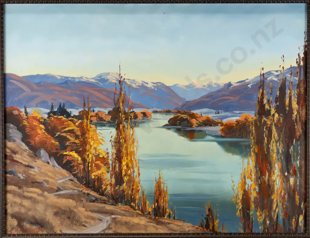 J.A. Rasmussen 1980 -- framed oil on board "Clutha River Alexandra" H-440 W-580 [some minor flyspecks] Image 1++