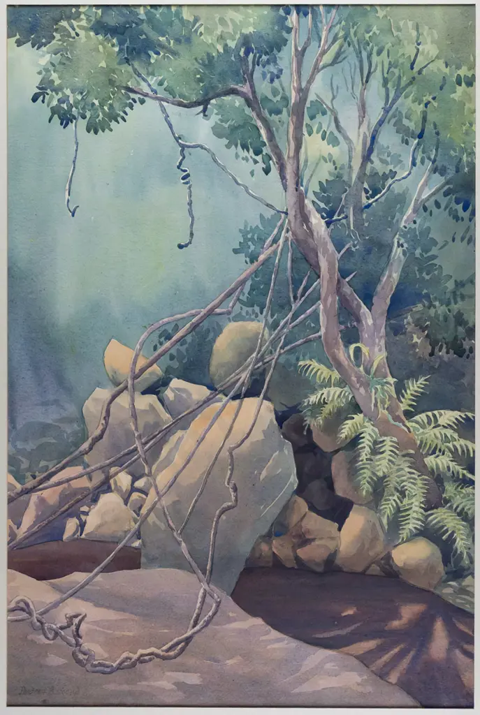 Audrey Bascand c1975 -- framed watercolour on paper "Bush Interior" H-535 W-360 [note on back: 'probably Ross Creek Image 1++
