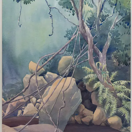 Audrey Bascand c1975 -- framed watercolour on paper "Bush Interior" H-535 W-360 [note on back: 'probably Ross Creek