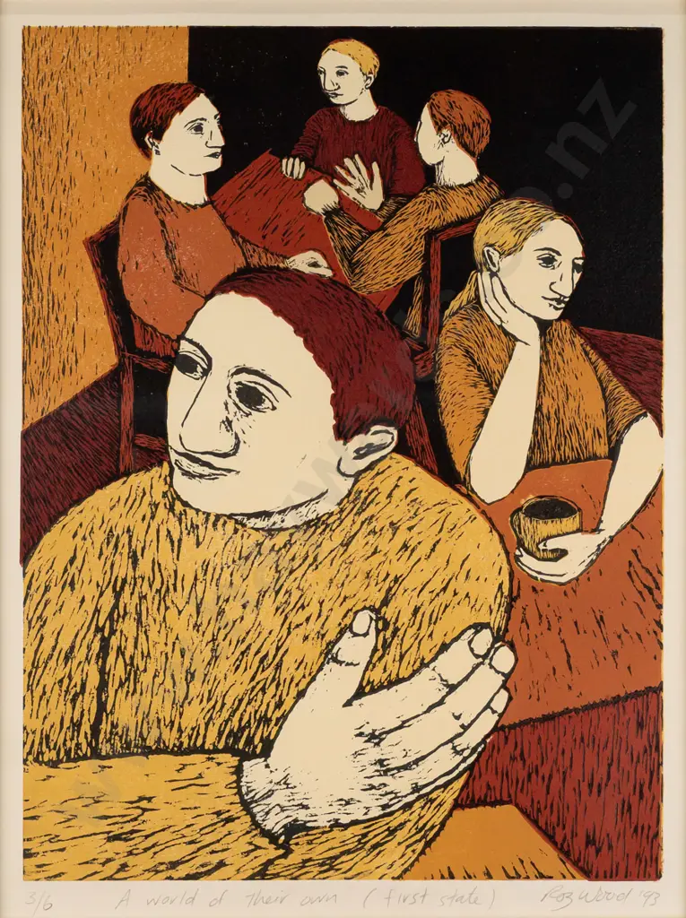 Roz Wood 1993 -- framed reduction woodcut "A World of Their Own (first state)" ed. 3/6 H-430 W-325 [framed w/ UV glass] Image 1++
