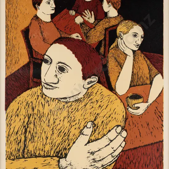 Roz Wood 1993 -- framed reduction woodcut "A World of Their Own (first state)" ed. 3/6 H-430 W-325 [framed w/ UV glass]