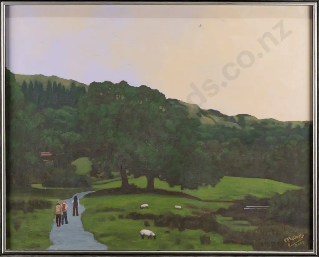 K Roberts 2009 -- framed oil on canvasboard, park scene with walkers & sheep, H-395 W-490 [small areas of loss upper Image 1++
