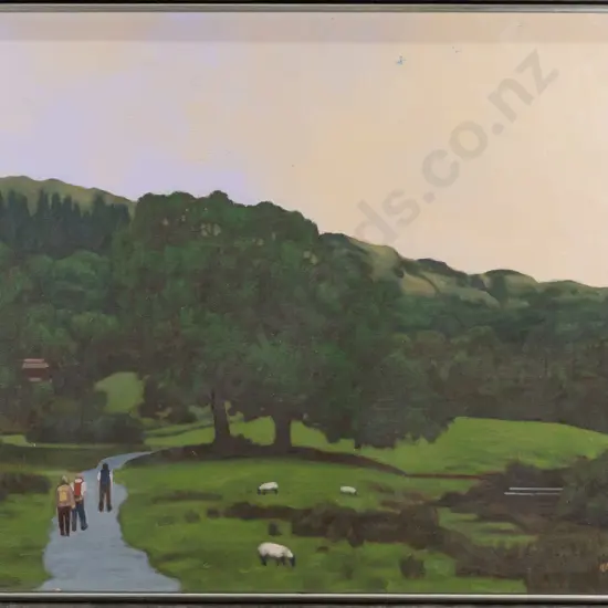 K Roberts 2009 -- framed oil on canvasboard, park scene with walkers & sheep, H-395 W-490 [small areas of loss upper