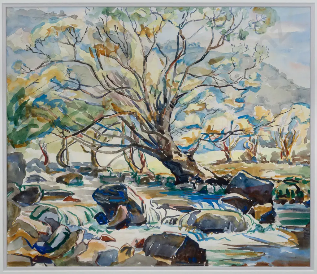Eana Jeans 1941 -- framed watercolour on paper "Willow in the Leith" H-390 W-455 Image 1++