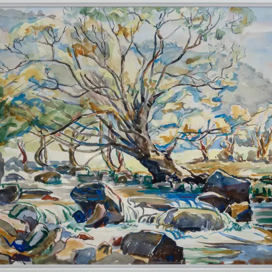 Eana Jeans 1941 -- framed watercolour on paper "Willow in the Leith" H-390 W-455