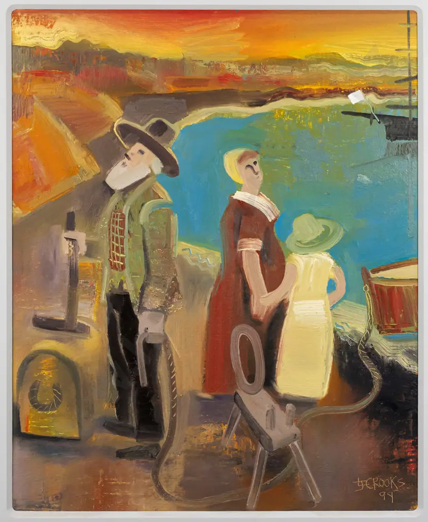 Lindsay Crooks 1999 -- oil on board in painted frame "Immigrant Family" H-590 W-470 Image 1++