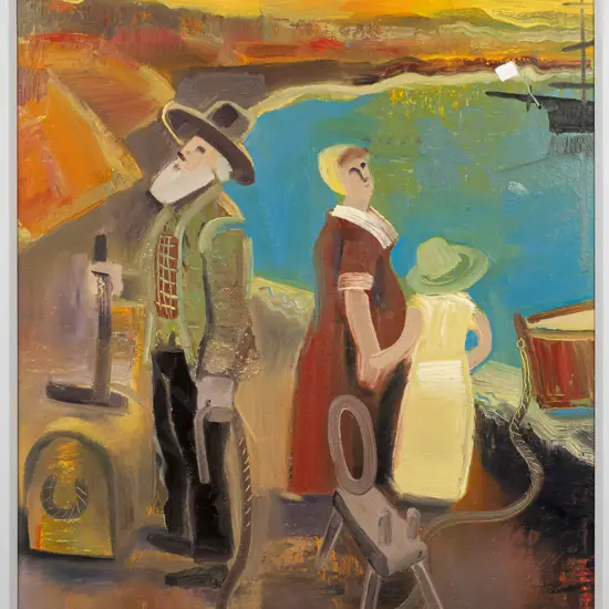 Lindsay Crooks 1999 -- oil on board in painted frame "Immigrant Family" H-590 W-470
