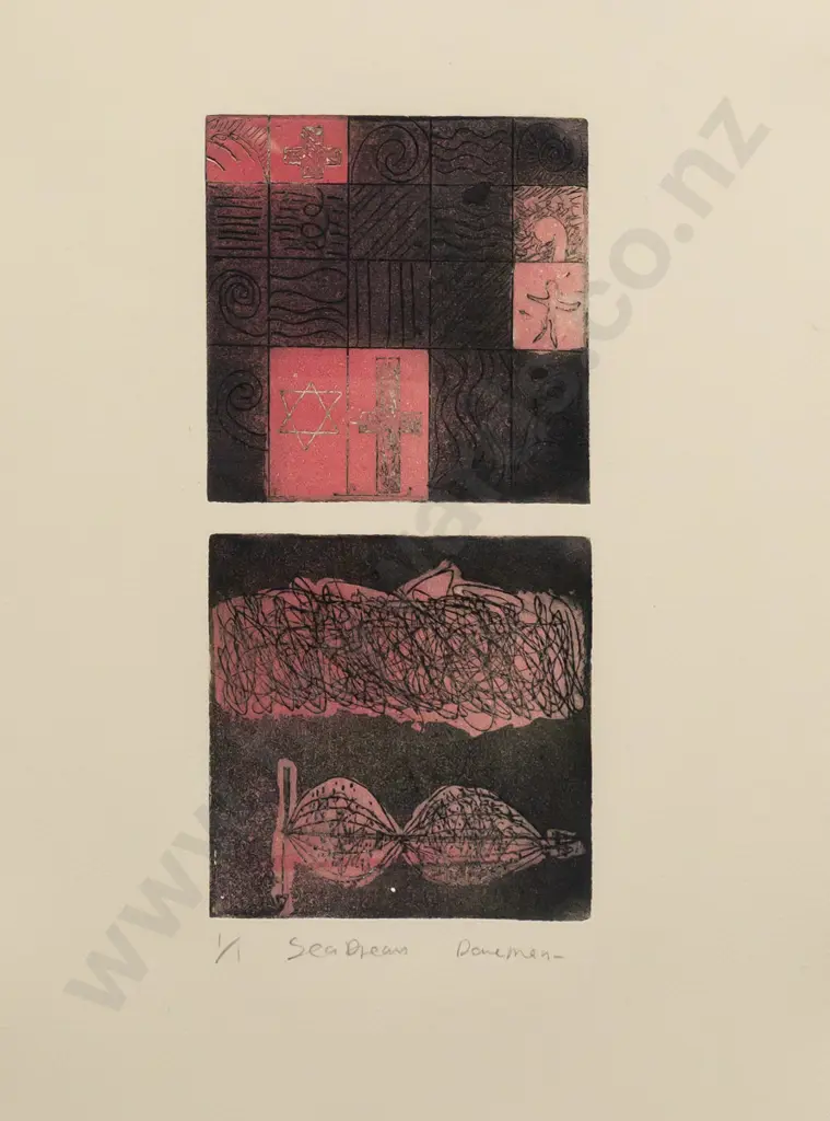 Illegible signature [Daneman?] -- framed etching on paper "Sea Dreams" ed. 1/1 H-375 W-265 [evidence of old moisture on Image 1++