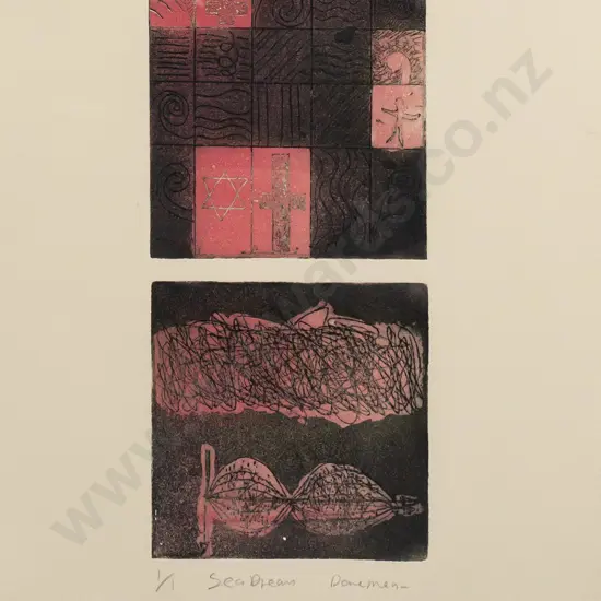 Illegible signature [Daneman?] -- framed etching on paper "Sea Dreams" ed. 1/1 H-375 W-265 [evidence of old moisture on