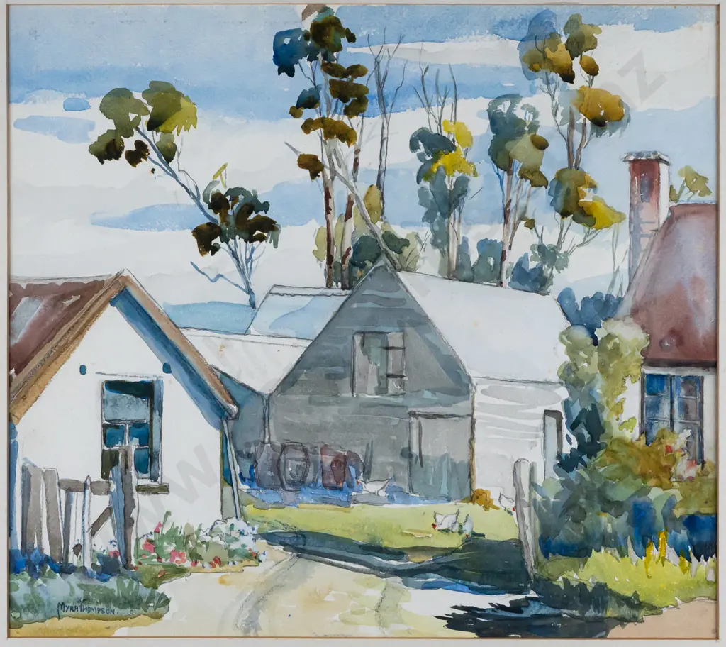 Myra Thompson -- framed watercolour on paper "The Farm House" H-310 W-350 [foxing to mat, small amount of dust/insect Image 1++