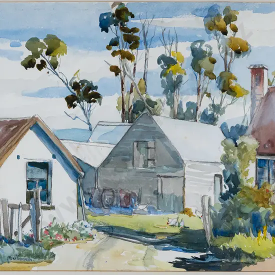 Myra Thompson -- framed watercolour on paper "The Farm House" H-310 W-350 [foxing to mat, small amount of dust/insect
