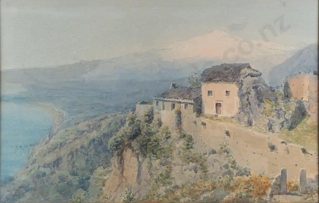 Charles King Wood 1908 -- framed watercolour on paper, view of Mount Etna from Taormina, Sicily, H-290 W-455 [fading to Image 1++