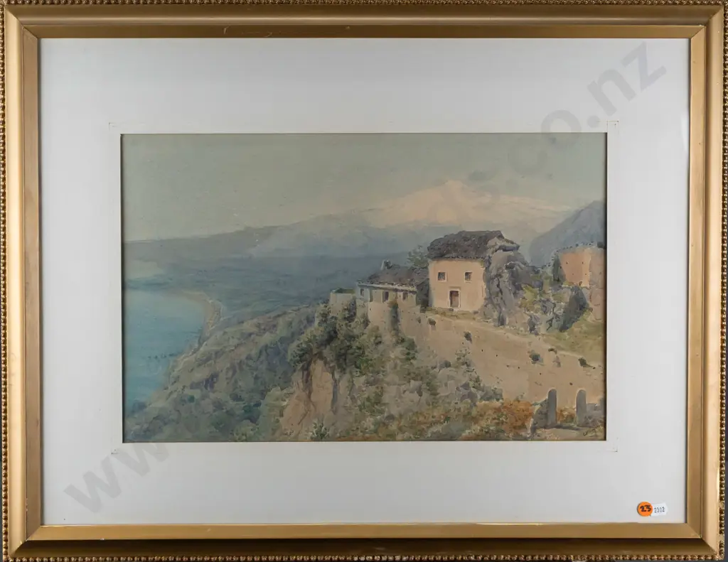 Charles King Wood 1908 -- framed watercolour on paper, view of Mount Etna from Taormina, Sicily, H-290 W-455 [fading to Image 1++