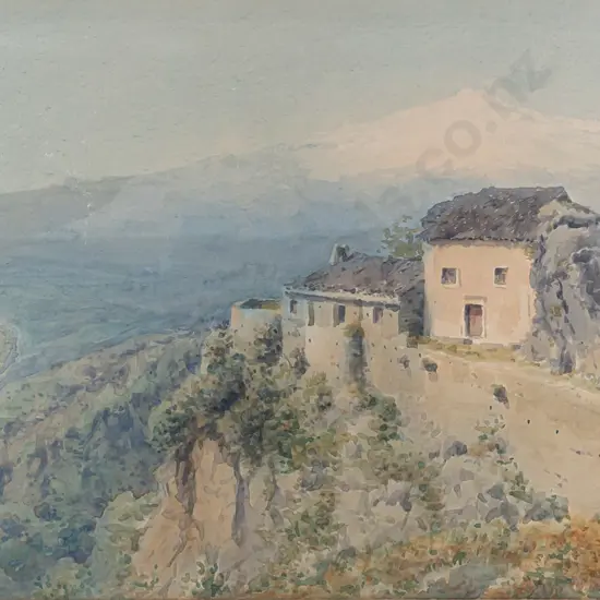 Charles King Wood 1908 -- framed watercolour on paper, view of Mount Etna from Taormina, Sicily, H-290 W-455 [fading to