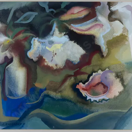 Els Noordhof 1988 -- framed gouache on paper, still life H-345 W-500