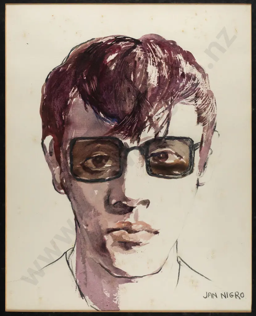 Jan Nigro -- framed graphite and watercolour on paper, portrait H-350 W-280 [foxing to inside of glass] Image 1++
