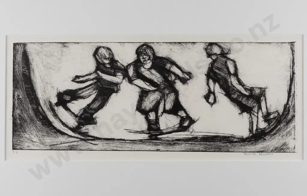 Pauline Bellamy -- framed drypoint on paper, 3 skaters on half-pipe, ed. 2/3 H-130 W-315 Image 1++