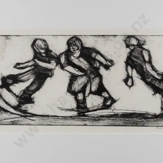 Pauline Bellamy -- framed drypoint on paper, 3 skaters on half-pipe, ed. 2/3 H-130 W-315