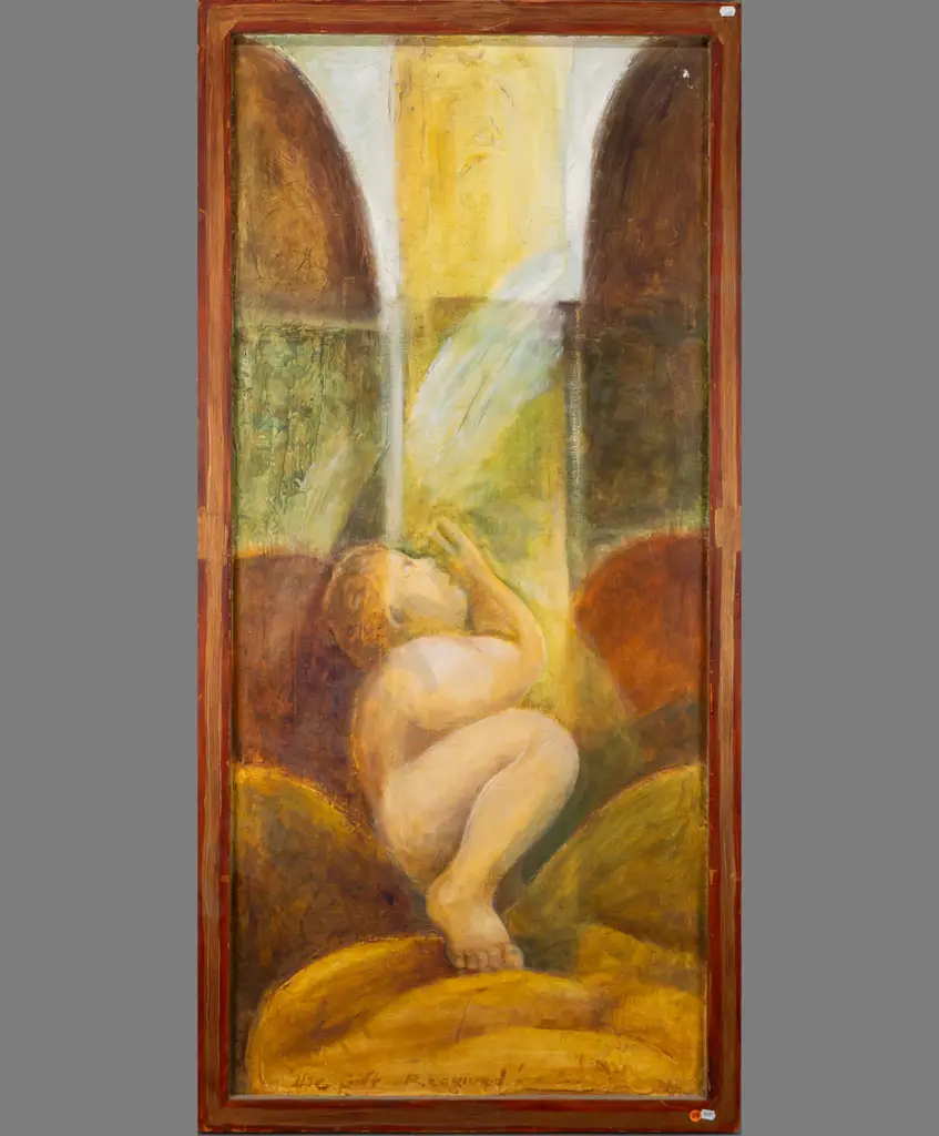 David Sarich -- multimedia painting on board w/ painted frame "The Gift Received" 1990 H-1230 W-555 Image 1++