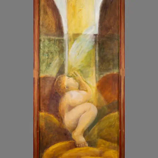 David Sarich -- multimedia painting on board w/ painted frame "The Gift Received" 1990 H-1230 W-555