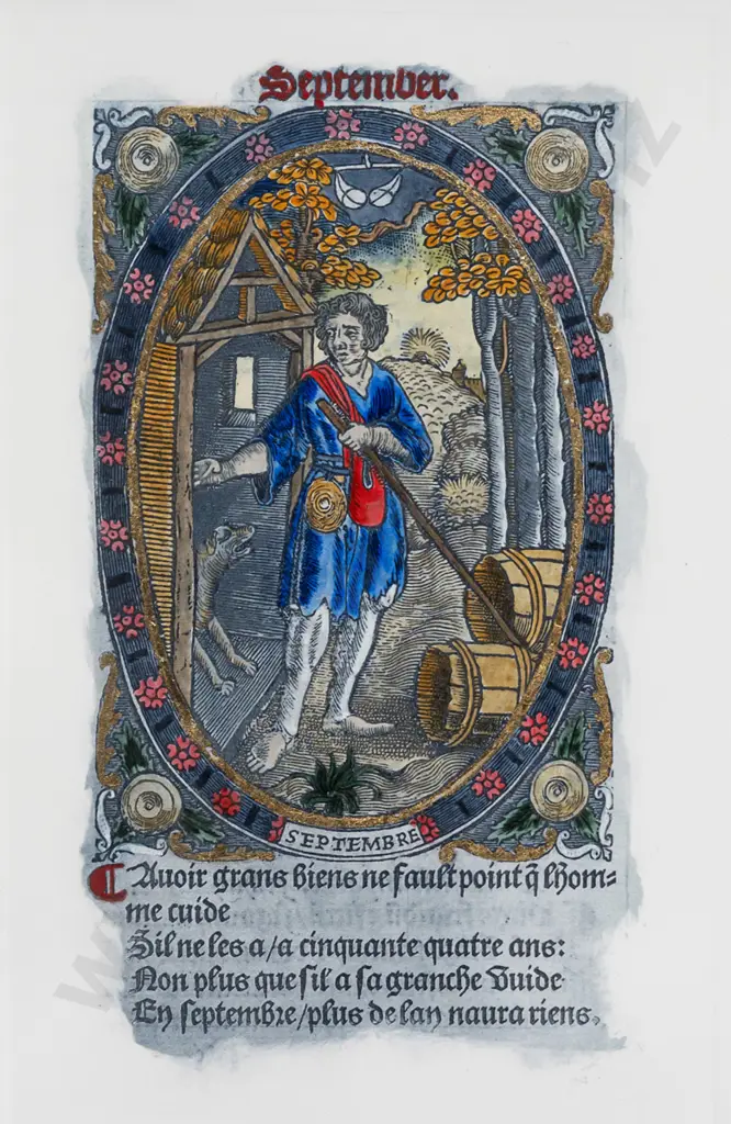Unknown contemporary artist -- hand-coloured gilded intaglio print on cotton rag paper in ornate frame "Book of Hours: Image 1++