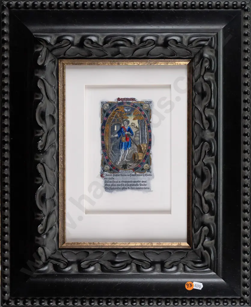 Unknown contemporary artist -- hand-coloured gilded intaglio print on cotton rag paper in ornate frame "Book of Hours: Image 1++