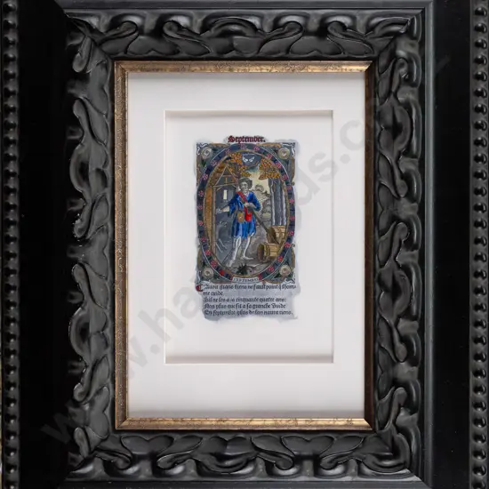 Unknown contemporary artist -- hand-coloured gilded intaglio print on cotton rag paper in ornate frame "Book of Hours:
