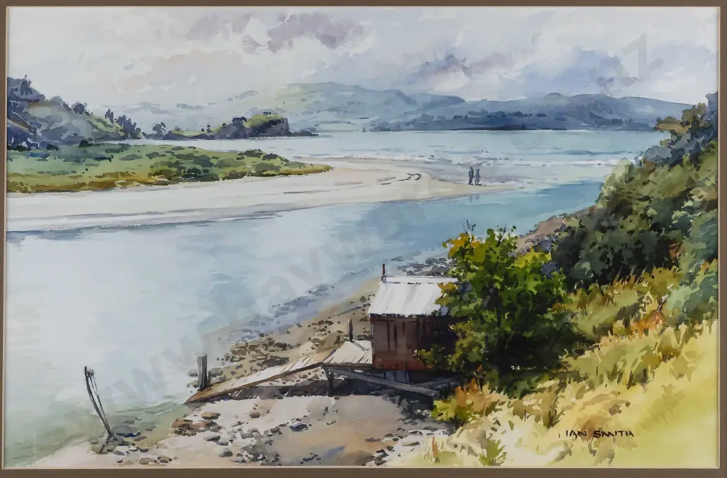 Ian Smith -- framed watercolour on paper, boatshed at Purakaunui Inlet, H-225 W-345 [framed with UV glass] Image 1++