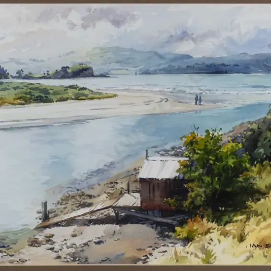 Ian Smith -- framed watercolour on paper, boatshed at Purakaunui Inlet, H-225 W-345 [framed with UV glass]