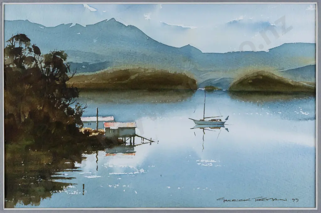 Garrick Tremain -- framed watercolour on paper "Broad Bay" H-175 W-270 Image 1++