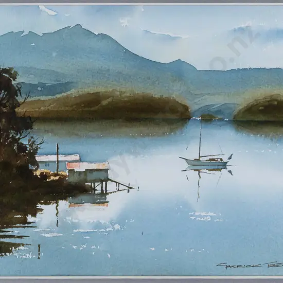 Garrick Tremain -- framed watercolour on paper "Broad Bay" H-175 W-270