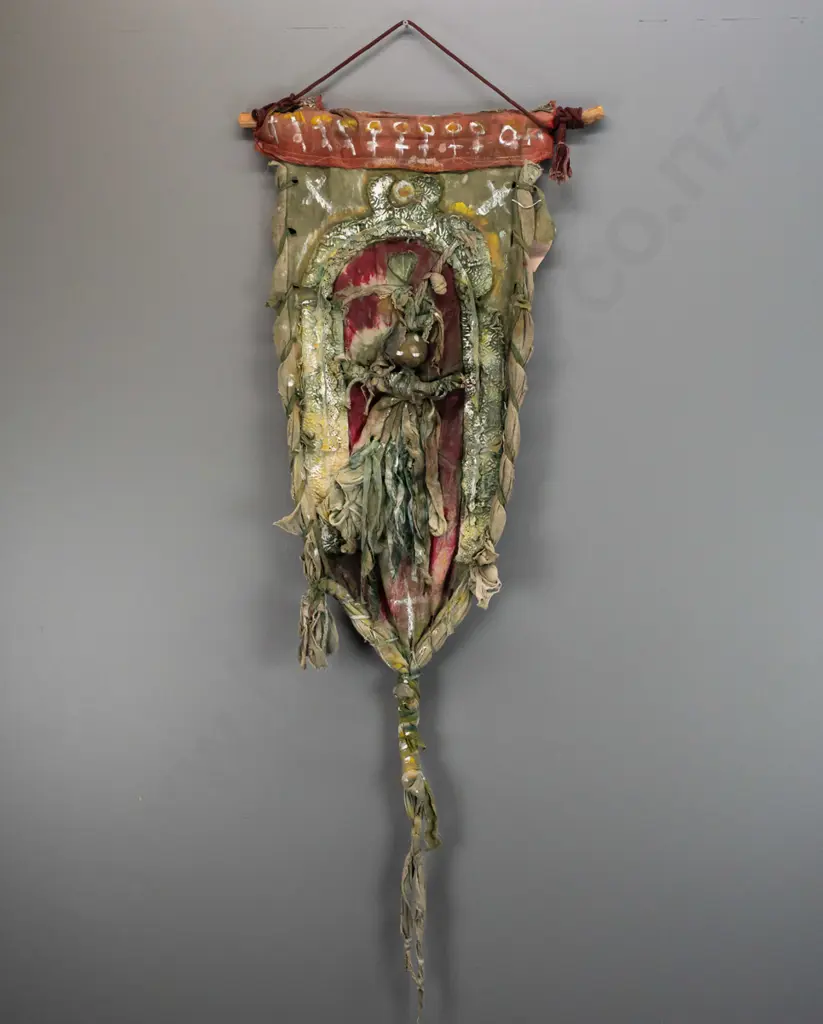 Sue Edwards -- mixed-media fibre art, green figure in archway, H-1500 W-620 Image 1++