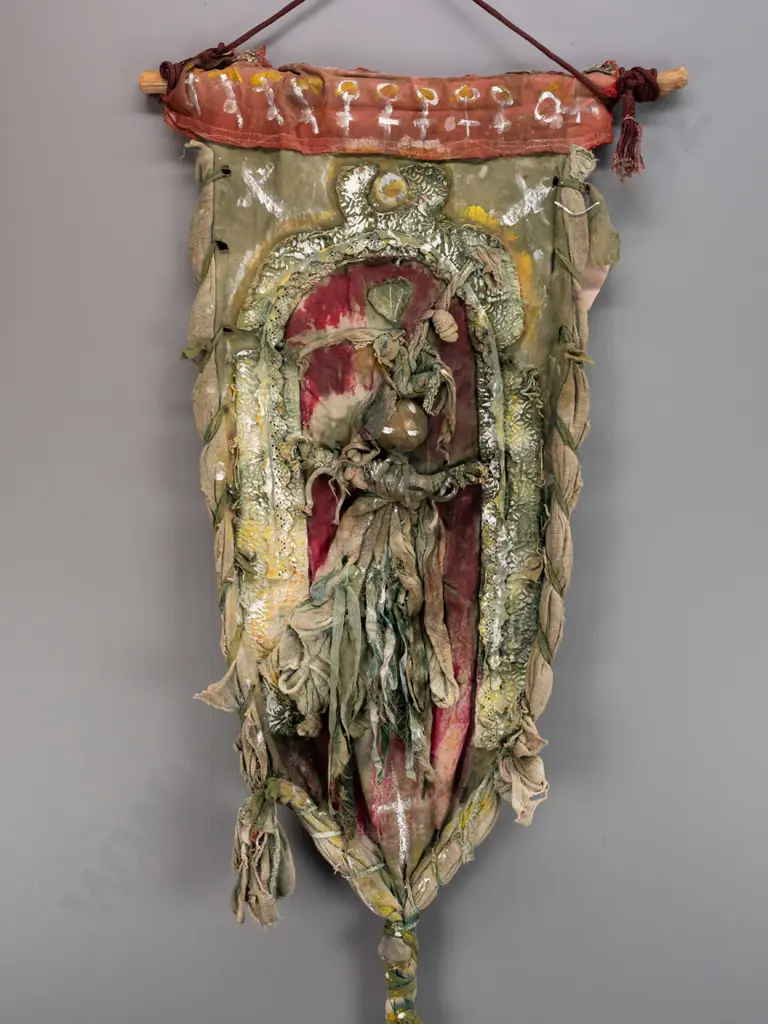 Sue Edwards -- mixed-media fibre art, green figure in archway, H-1500 W-620 Image 1++