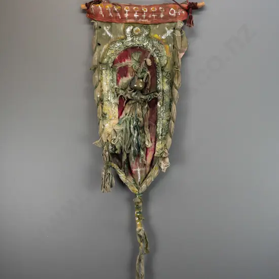 Sue Edwards -- mixed-media fibre art, green figure in archway, H-1500 W-620