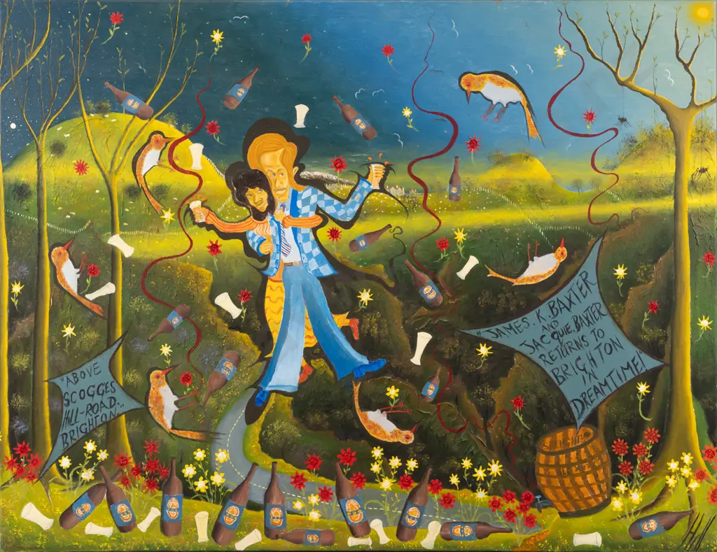 Ivan Hill -- oil on stretched canvas, "James K Baxter & Jacquie Baxter Returns To Brighton In Dreamtime!" H-705 W-910 Image 1++