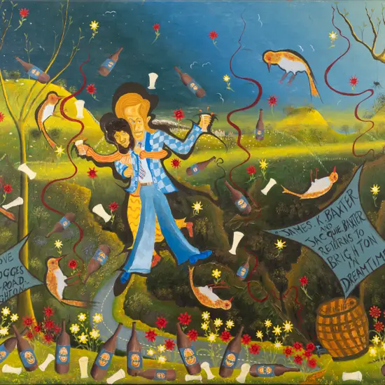 Ivan Hill -- oil on stretched canvas, "James K Baxter & Jacquie Baxter Returns To Brighton In Dreamtime!" H-705 W-910