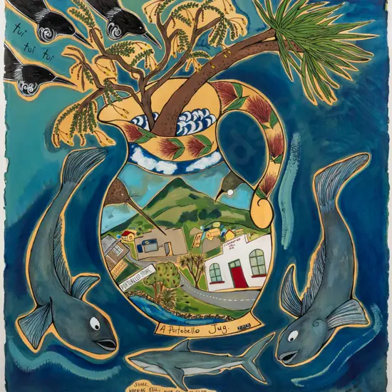 Pia Davie 2013 -- framed acrylic on paper "A Portobello Jug" H-600 W-575