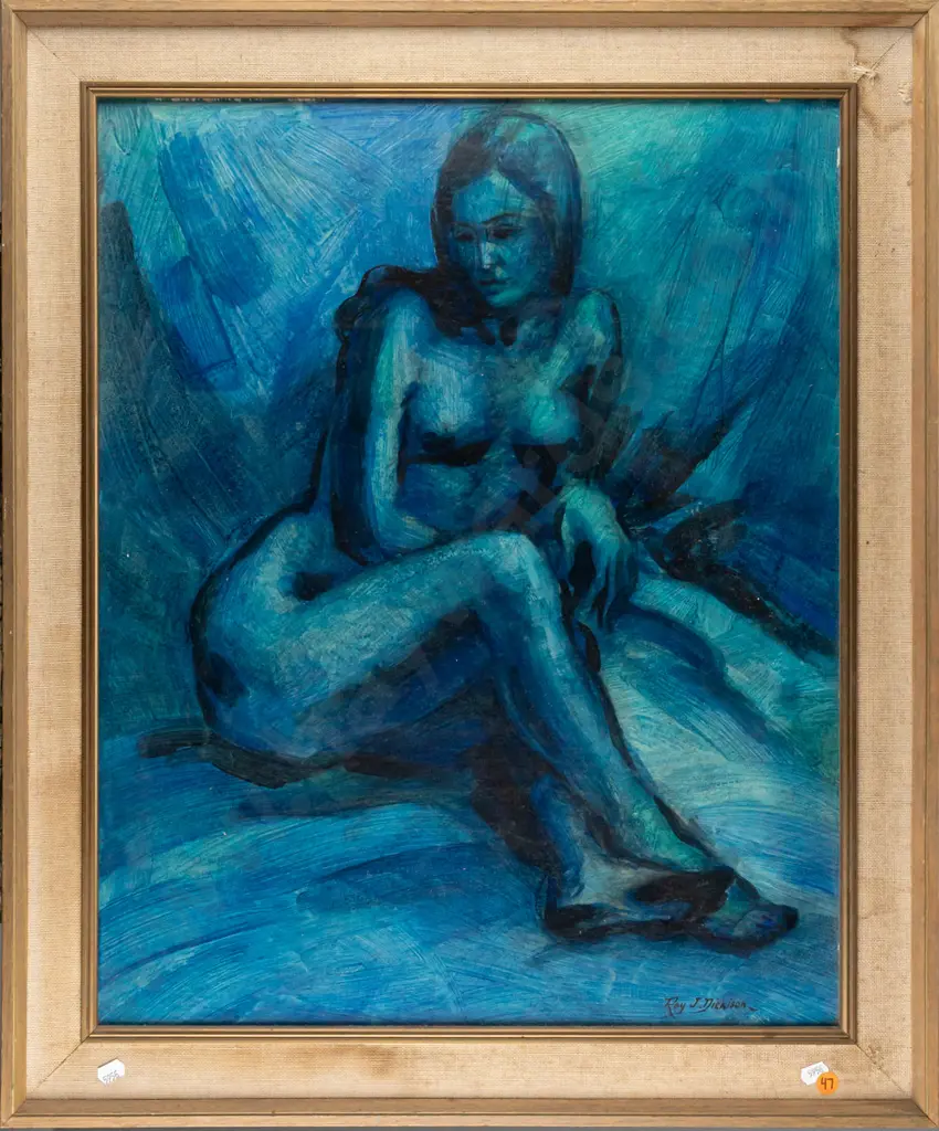 Roy J Dickison -- framed oil on board "Study in Blue & Green" H-585 W-470 [some staining to frame fabric] Image 1++