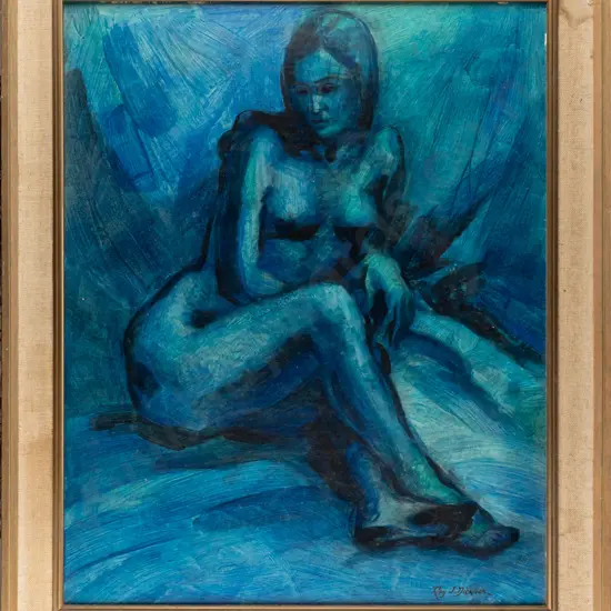 Roy J Dickison -- framed oil on board "Study in Blue & Green" H-585 W-470 [some staining to frame fabric]