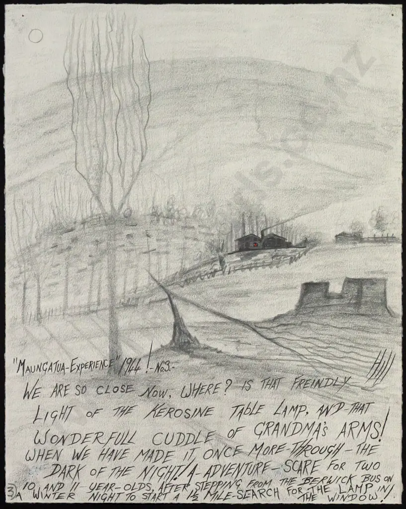 Ivan Hill -- pen and pencil on paper mounted to black card "Maungatua Experience 1944 No. 3" H-330 W-260 Image 1++