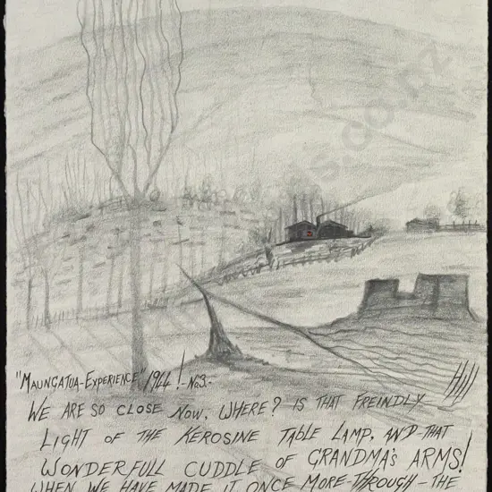 Ivan Hill -- pen and pencil on paper mounted to black card "Maungatua Experience 1944 No. 3" H-330 W-260