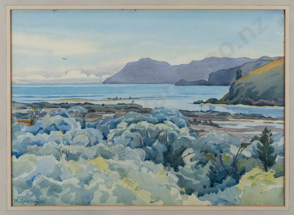 Marjorie Naylor -- framed watercolour on paper "Waitapu, from Birds' Hill, Takaka" H-265 W-365 [fading] Image 1++