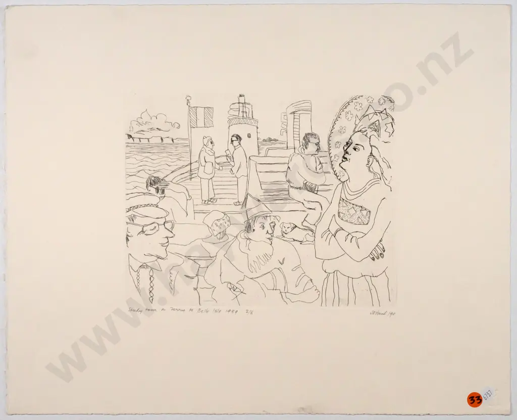 Janet Elaine Paul 1990 -- unframed etching on paper "Study Tour on Ferry to Belle Isle 1989" ed. 2/8 H-375 W-460 Image 1++