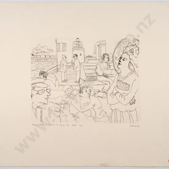 Janet Elaine Paul 1990 -- unframed etching on paper "Study Tour on Ferry to Belle Isle 1989" ed. 2/8 H-375 W-460