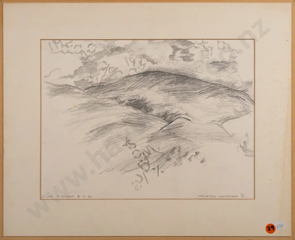 Cilla McQueen 1980 -- unframed matted pencil on paper "Wakatipu Landscape VI" H-230 W-300 Image 1++